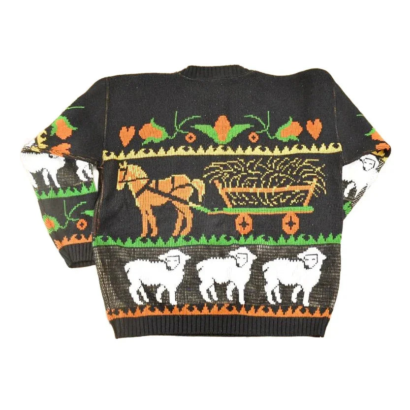 Vintage 1990s Teasers AOP Horse And Carriage Knit Crewneck Sweater Mens L / Abstract Pattern 3D Knitted Sweatshirt from propervintagecanada