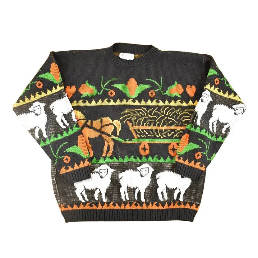 Vintage 1990s Teasers AOP Horse And Carriage Knit Crewneck Sweater Mens L / Abstract Pattern 3D Knitted Sweatshirt from propervintagecanada