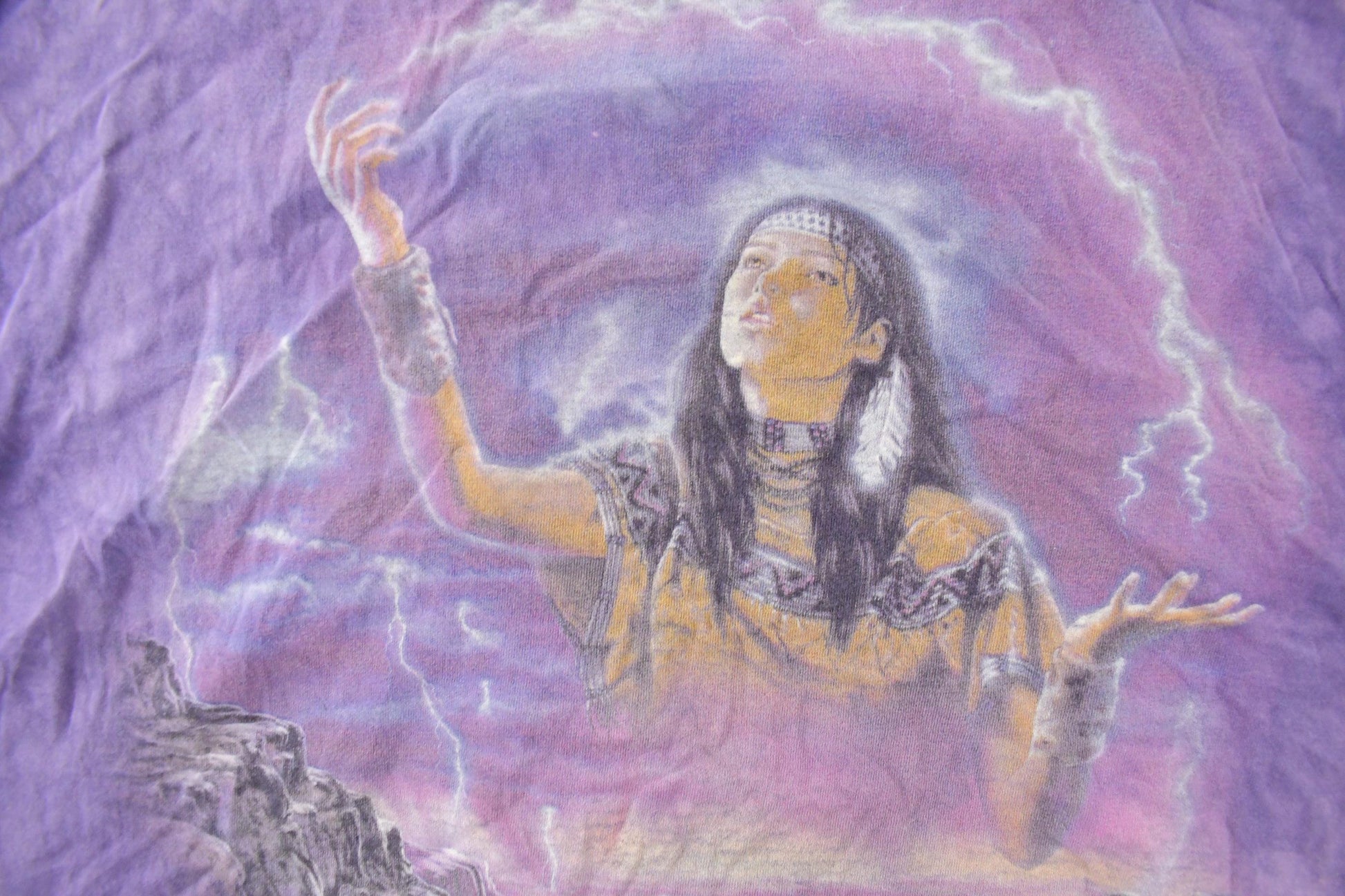 Vintage 1990s The Mountain Native Wolf Theme Tie Dye T-Shirt Men's 2XL from propervintagecanada