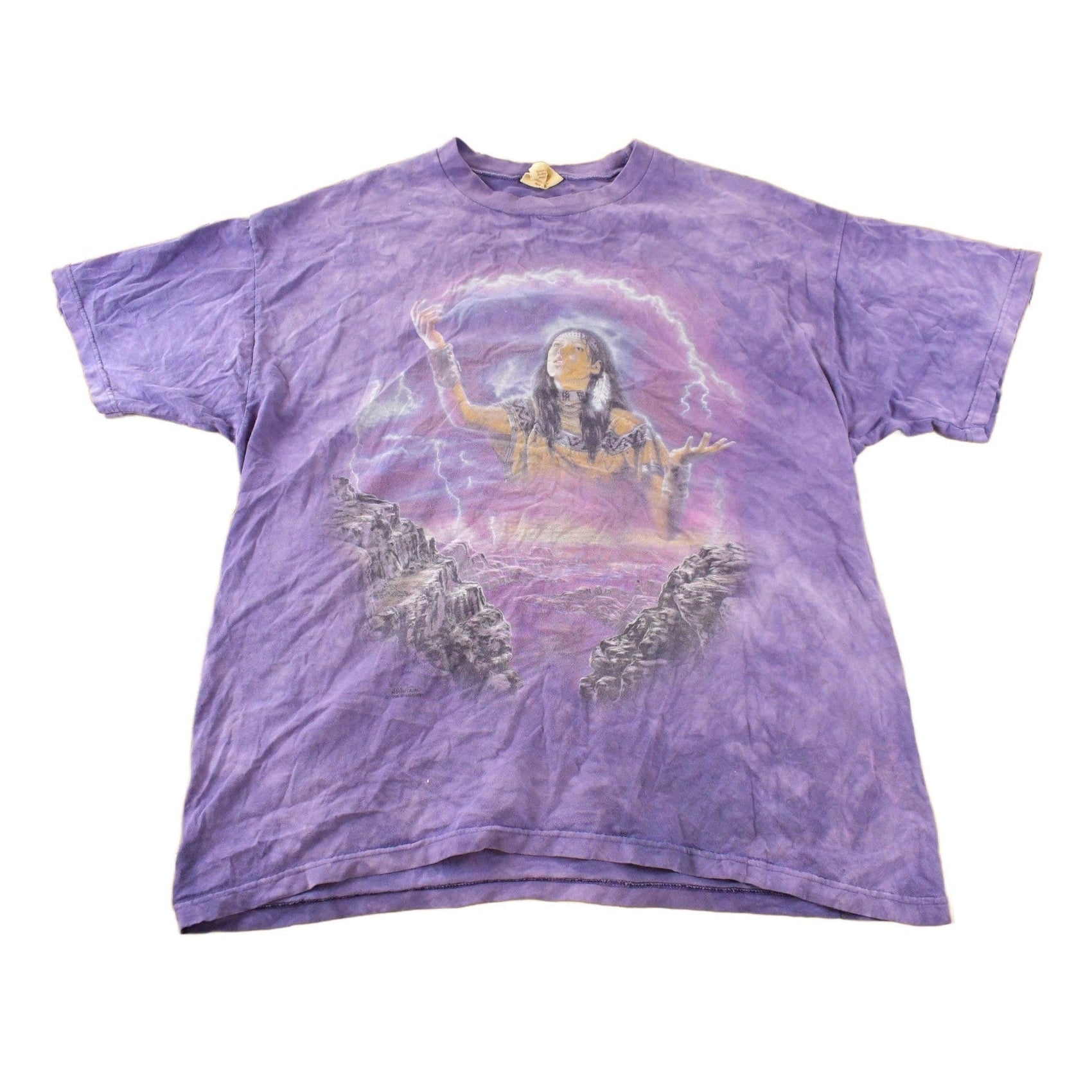 Vintage 1990s The Mountain Native Wolf Theme Tie Dye T-Shirt Men's 2XL from propervintagecanada