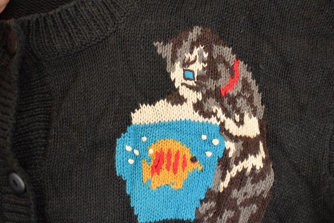 Vintage 1990s The Quacker Factory AOP Embroidered Cat Knit Cardigan Sweater Women's XL from propervintagecanada