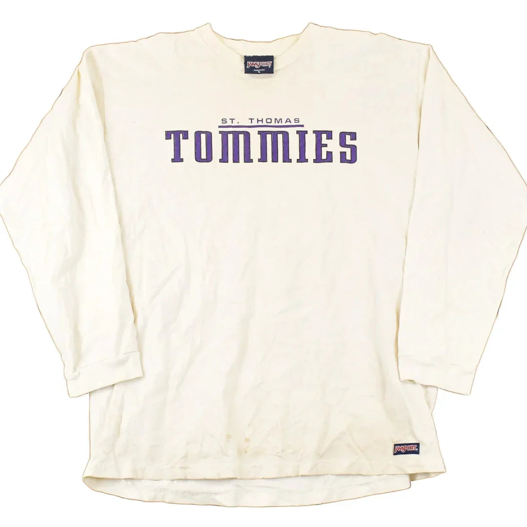 Vintage 1990s Thrashed Jansport St Thomas Tommies Graphic Print Crewneck Shirt Mens L from propervintagecanada