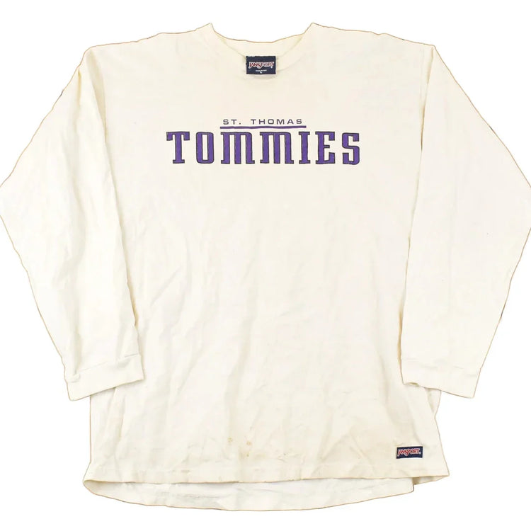 Vintage 1990s Thrashed Jansport St Thomas Tommies Graphic Print Crewneck Shirt Mens L from propervintagecanada
