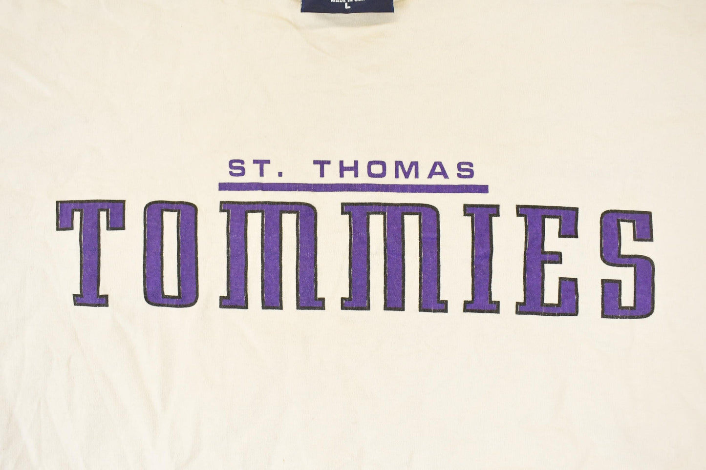 Vintage 1990s Thrashed Jansport St Thomas Tommies Graphic Print Crewneck Shirt Mens L from propervintagecanada