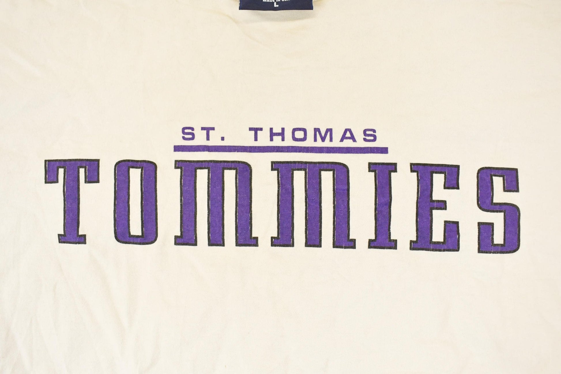 Vintage 1990s Thrashed Jansport St Thomas Tommies Graphic Print Crewneck Shirt Mens L from propervintagecanada