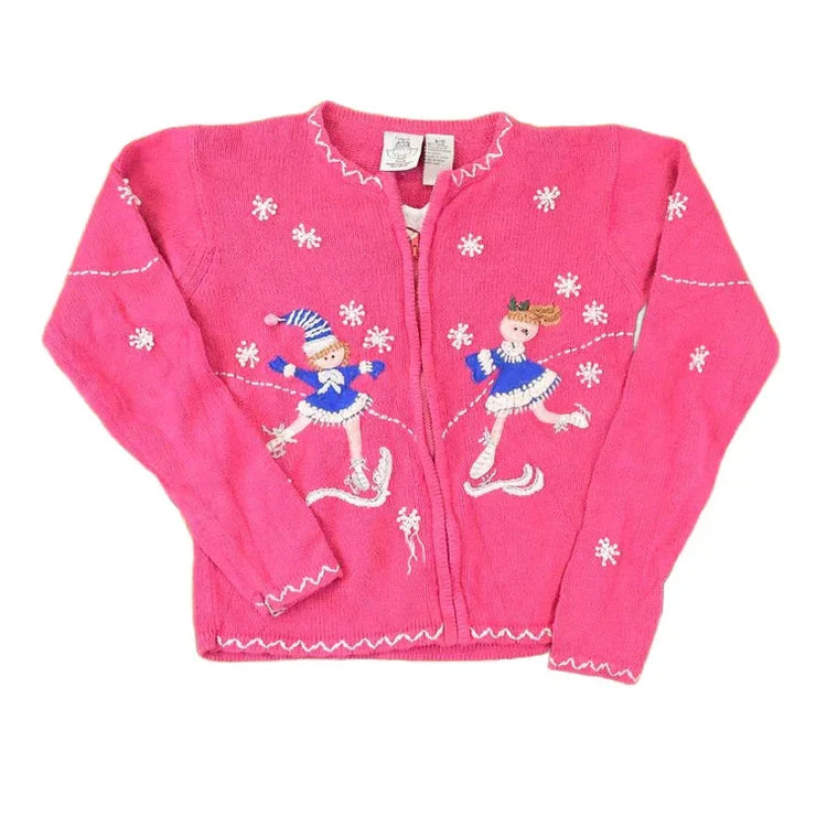 Vintage 1990s Tiara Girls Knit Cardigan Embroidered Skating Sweater Youth L from propervintagecanada