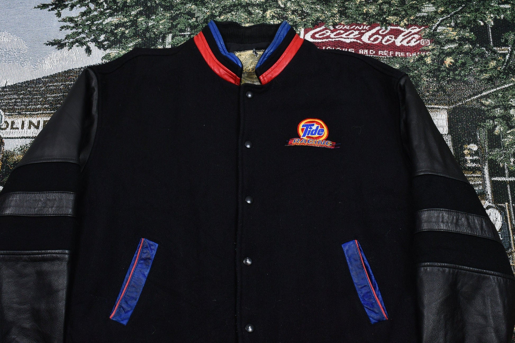 Vintage 1990s Tide Racing Automotive Leather Bomber Jacket Men's Large from propervintagecanada