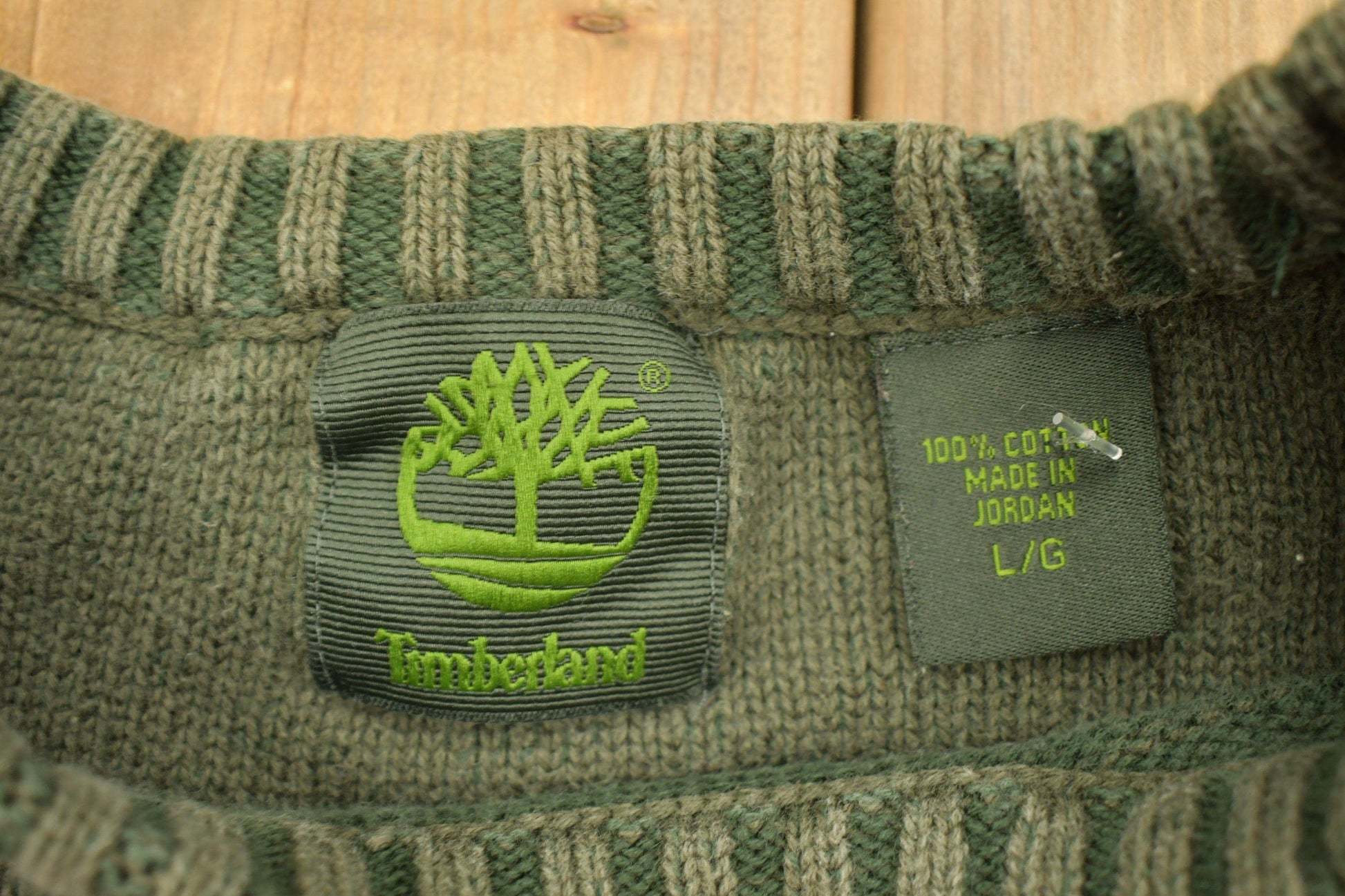 Vintage 1990s Timberland Army Green Knit Crewneck Sweatshirt Men's Large from propervintagecanada