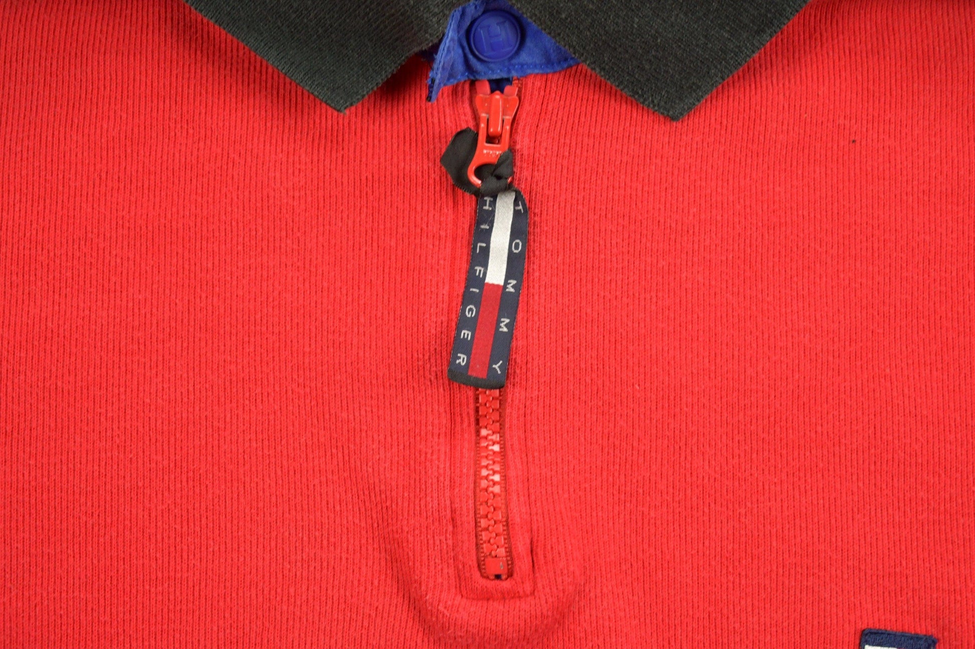 Vintage 1990s Tommy Hilfiger Collared Embroidered Quarter Zip Fleece Sweater Men's 2XL from propervintagecanada