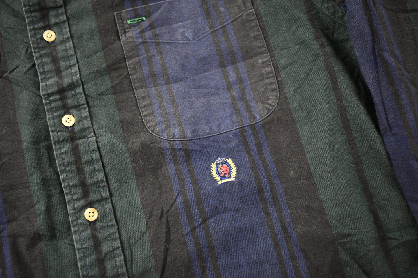 Vintage 1990s Tommy Hilfiger Crest Logo Striped Button Up Shirt Men's Large from propervintagecanada