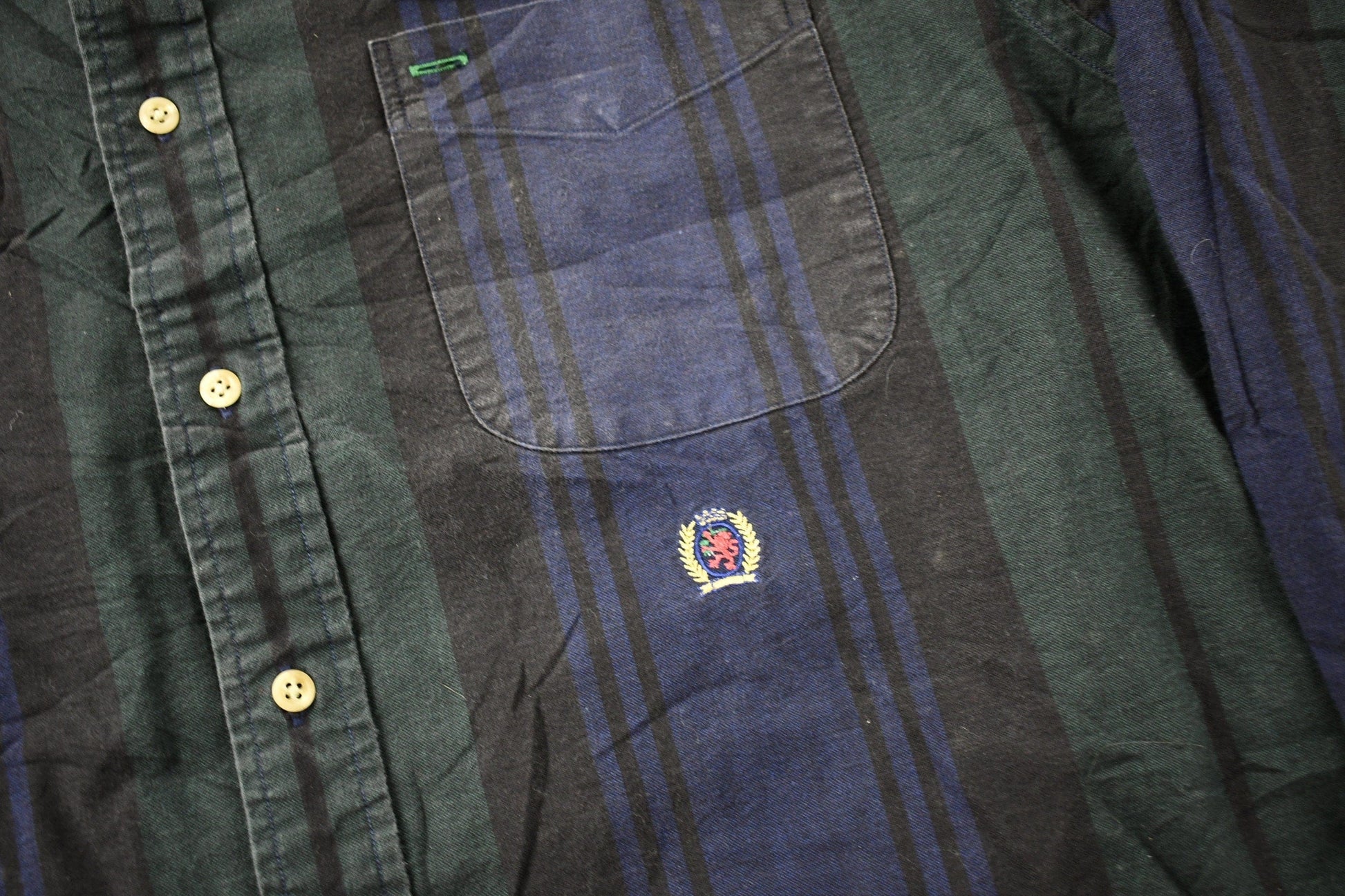 Vintage 1990s Tommy Hilfiger Crest Logo Striped Button Up Shirt Men's Large from propervintagecanada