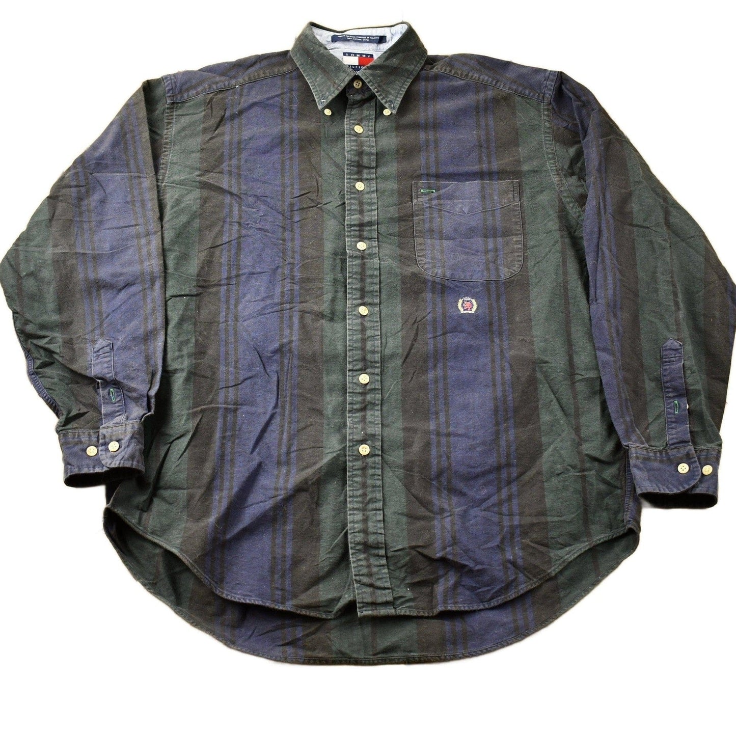 Vintage 1990s Tommy Hilfiger Crest Logo Striped Button Up Shirt Men's Large from propervintagecanada
