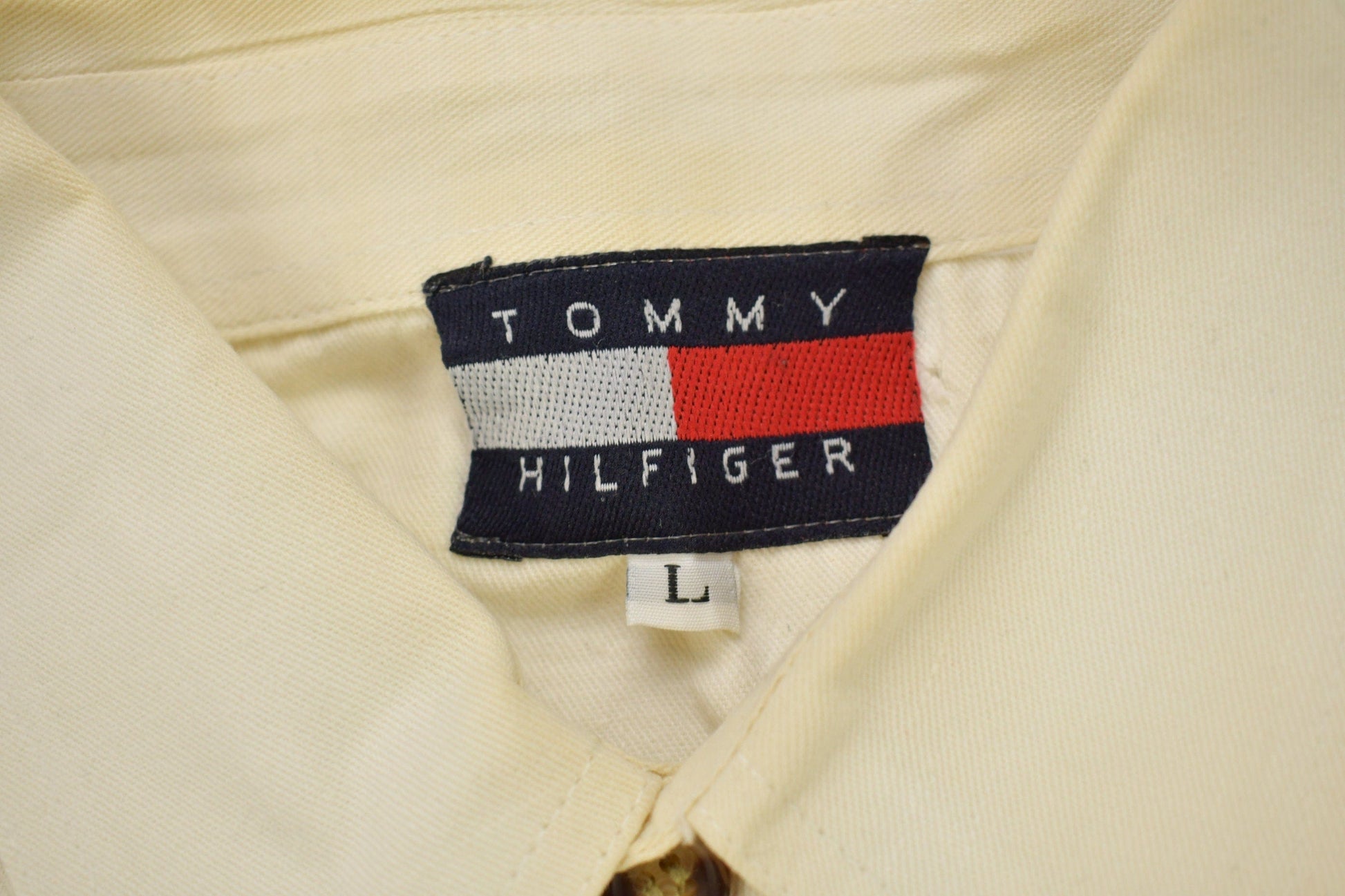 Vintage 1990s Tommy Hilfiger Embroidered Flag Patch Button Up Shirt from propervintagecanada