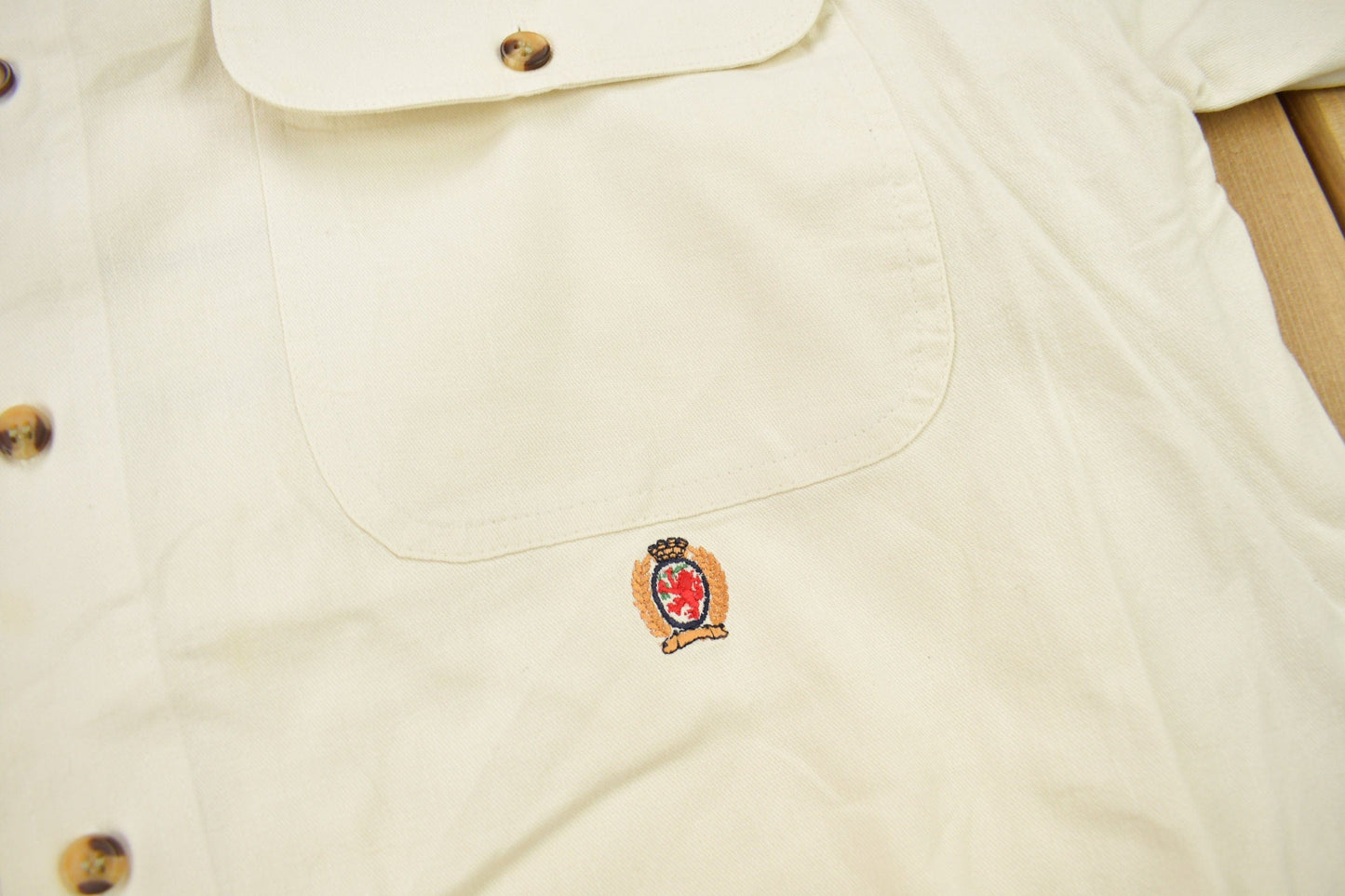 Vintage 1990s Tommy Hilfiger Embroidered Flag Patch Button Up Shirt from propervintagecanada