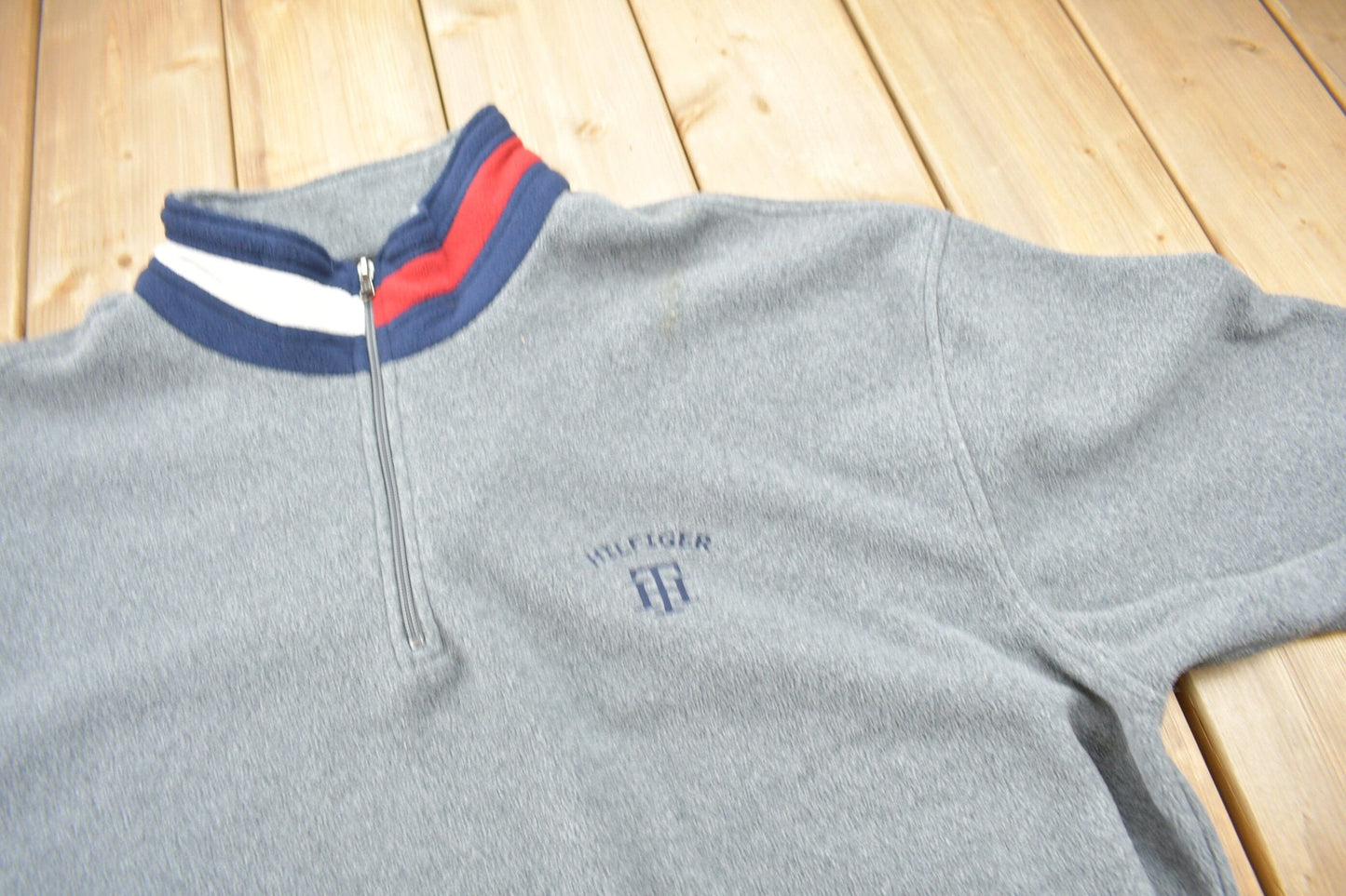 Vintage 1990s Tommy Hilfiger Flag Collar Quarter Zip Fleece Sweater Men's 2XL from propervintagecanada