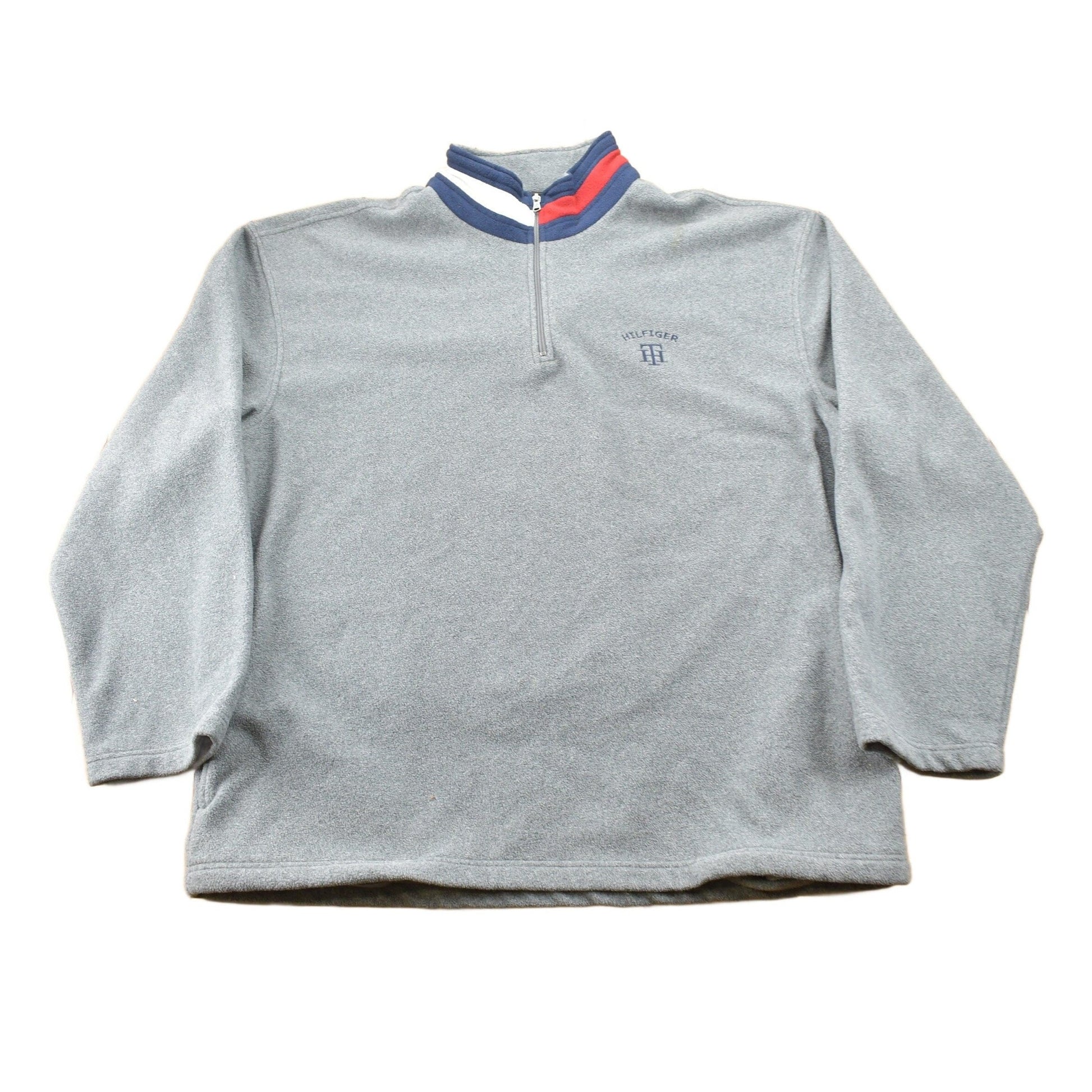 Vintage 1990s Tommy Hilfiger Flag Collar Quarter Zip Fleece Sweater Men's 2XL from propervintagecanada