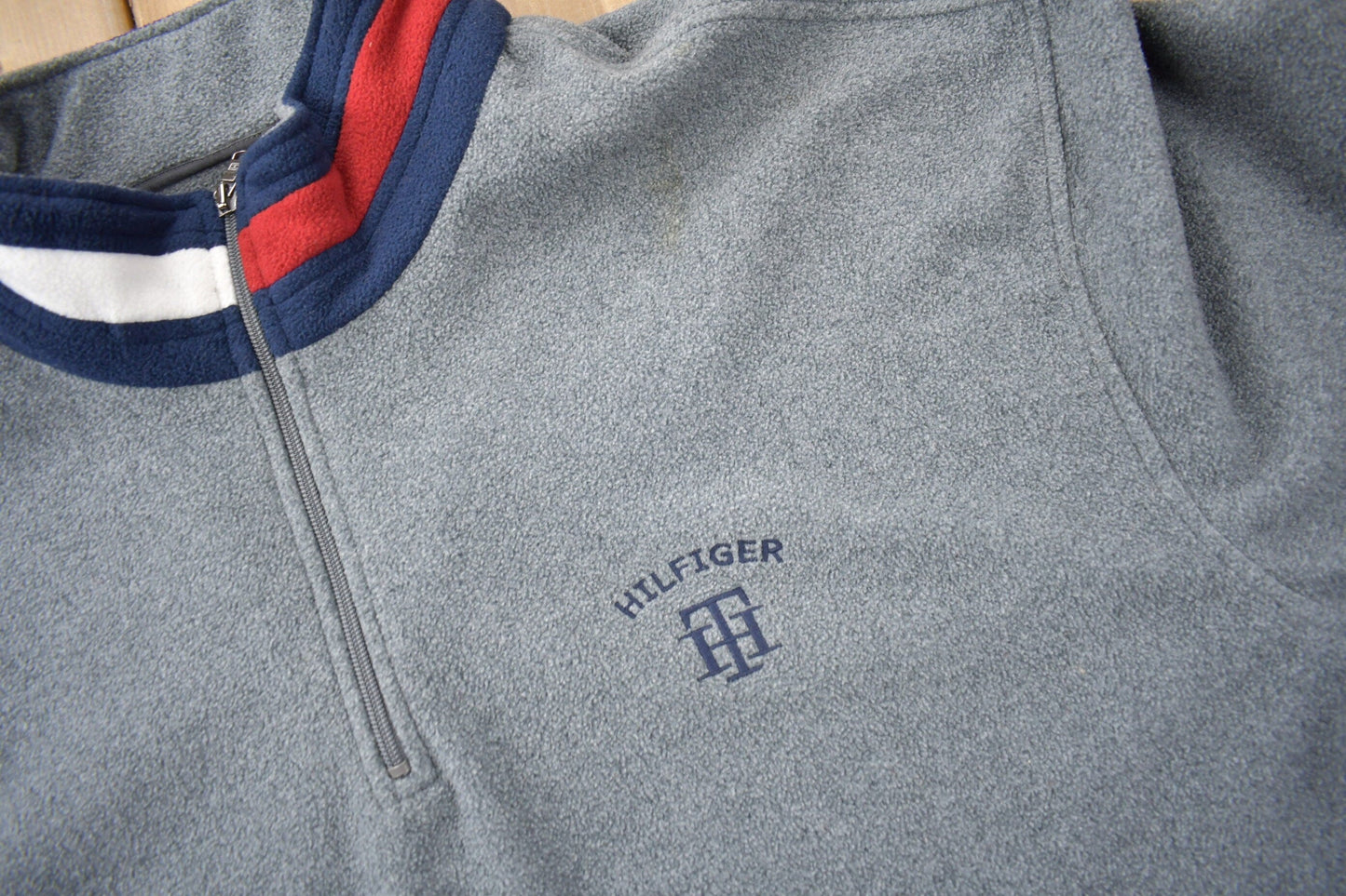Vintage 1990s Tommy Hilfiger Flag Collar Quarter Zip Fleece Sweater Men's 2XL from propervintagecanada
