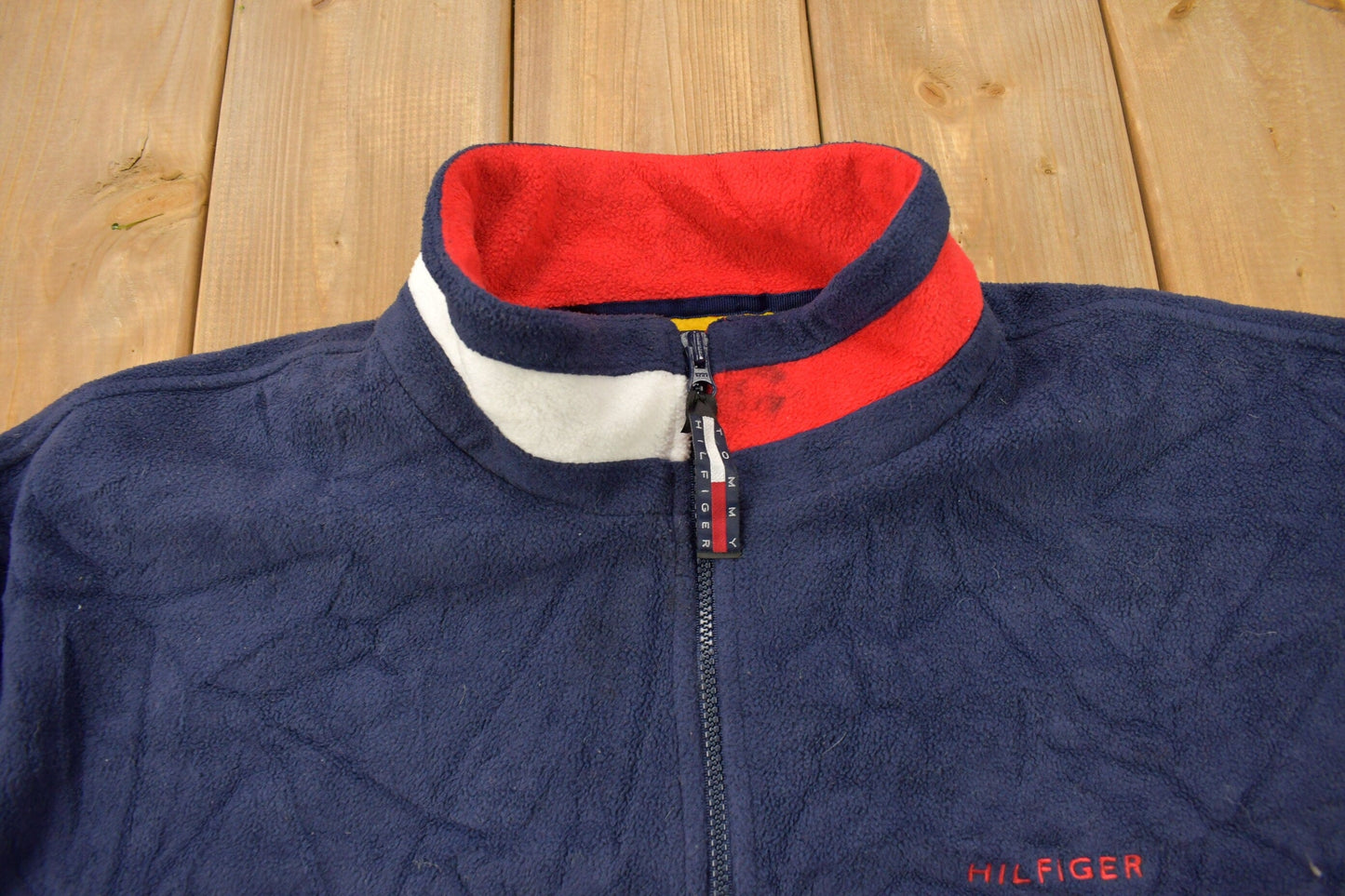 Vintage 1990s Tommy Hilfiger Flag Collar Quarter Zip Fleece Sweater Men's 2XL from propervintagecanada