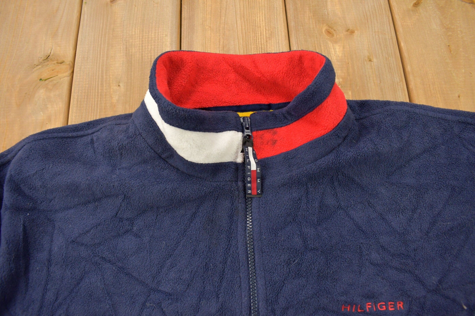 Vintage 1990s Tommy Hilfiger Flag Collar Quarter Zip Fleece Sweater Men's 2XL from propervintagecanada