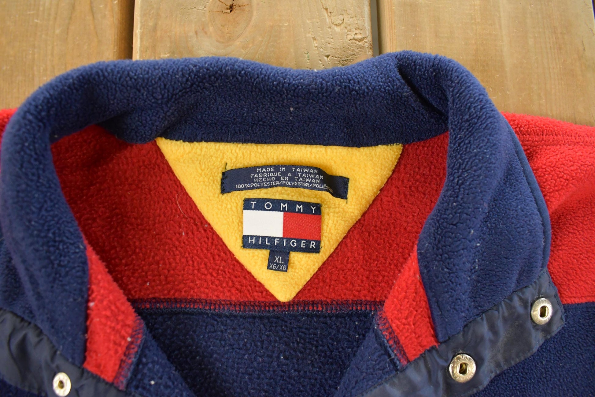 Vintage 1990s Tommy Hilfiger Flag Spellout Quarter Snap Fleece Sweater Men's XL from propervintagecanada