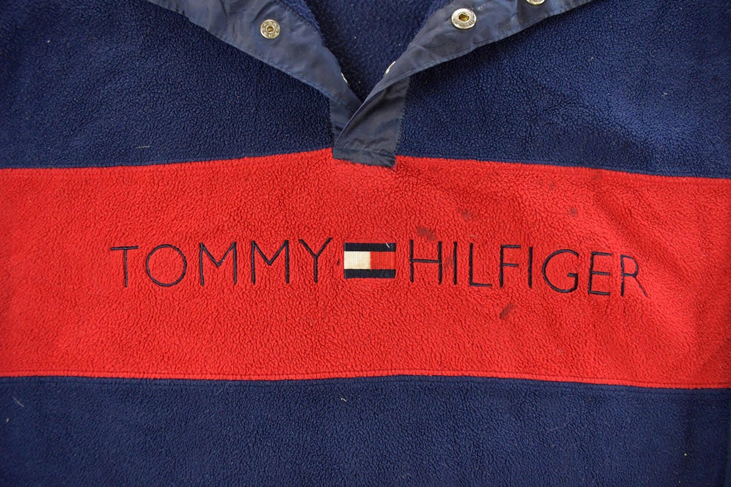 Vintage 1990s Tommy Hilfiger Flag Spellout Quarter Snap Fleece Sweater Men's XL from propervintagecanada