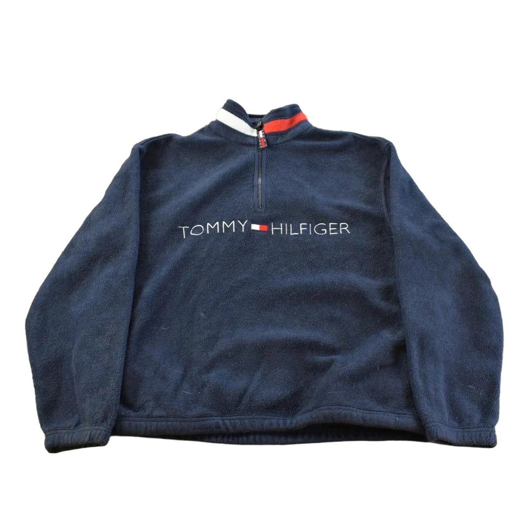 Vintage 1990s Tommy Hilfiger Flag Spellout Quarter Zip Fleece Sweater Men's S from propervintagecanada