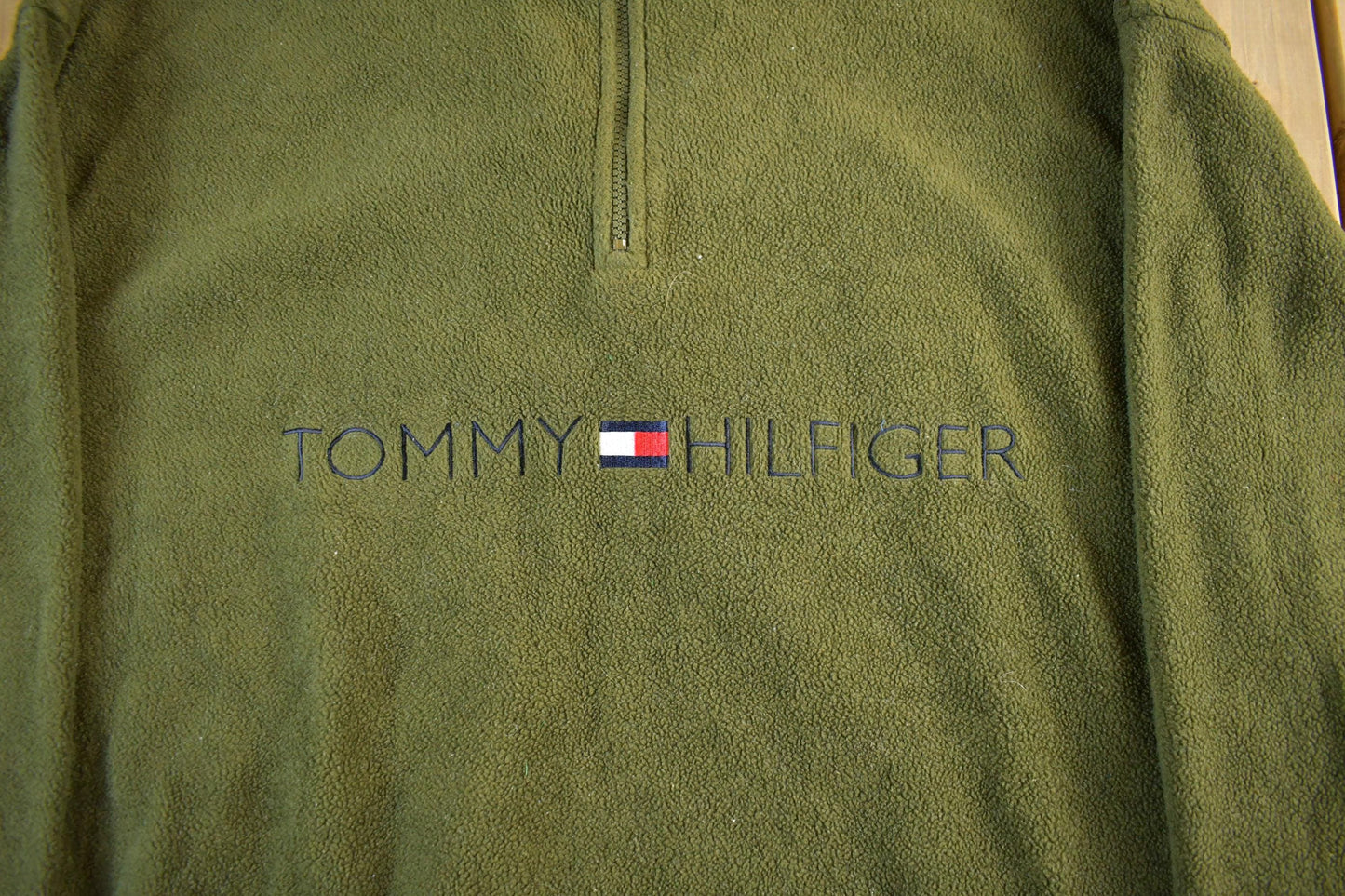 Vintage 1990s Tommy Hilfiger Flag Spellout Quarter Zip Fleece Sweater Men's XL from propervintagecanada