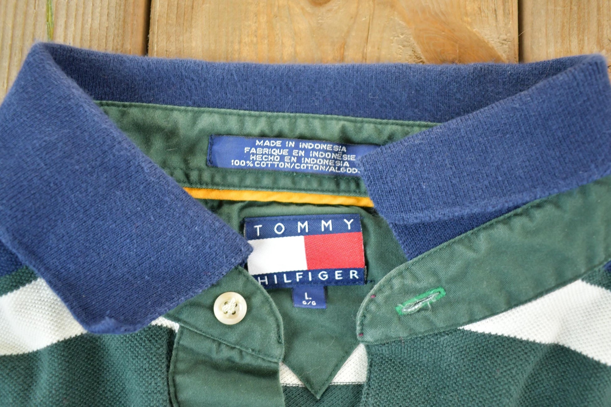 Vintage 1990s Tommy Hilfiger Striped Rugby Style Button Up Long Sleeve Shirt from propervintagecanada