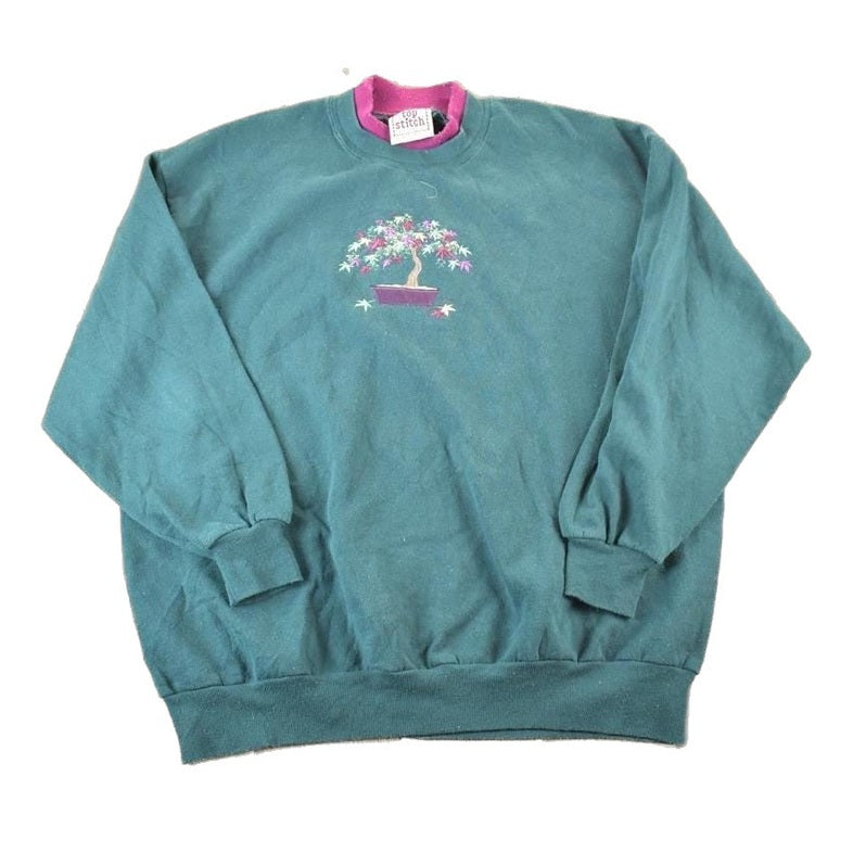 Vintage 1990s Top Stitch By Morning Sun Cute Floral Double Collar Crew Neck Sweater Made In USA 90s Crewneck Men's 2XL from propervintagecanada