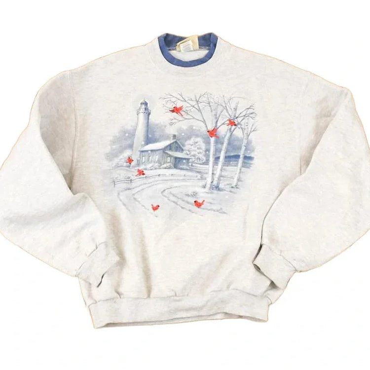 Vintage 1990s Top Stitch Embroidered Cardinal Winter Theme Double Collar Crewneck Sweatshirt Women's L from propervintagecanada