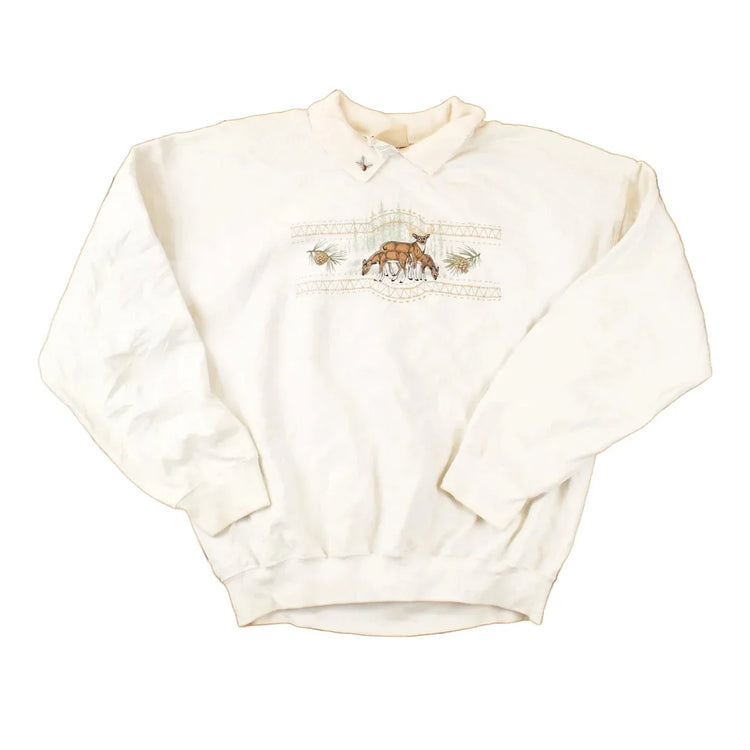 Vintage 1990s Top Stitch Embroidered Deer Graphic Print Collared Sweatshirt Womens L from propervintagecanada