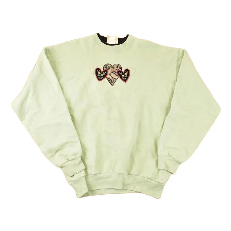Vintage 1990s Top Stitch Embroidered Hearts Double Collar Sweatshirt Women's L from propervintagecanada
