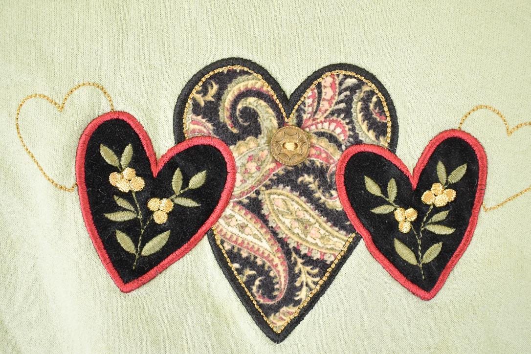 Vintage 1990s Top Stitch Embroidered Hearts Double Collar Sweatshirt Women's L from propervintagecanada