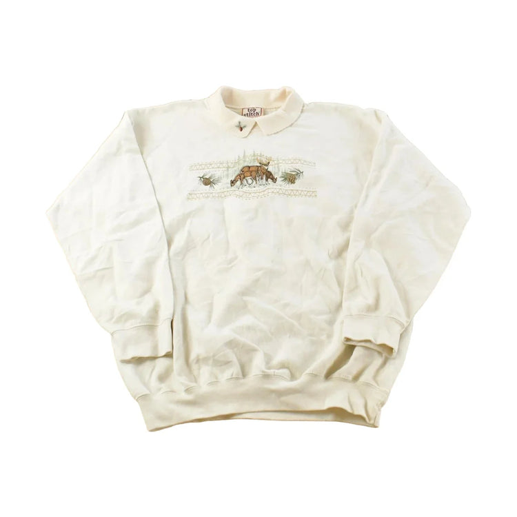 Vintage 1990s Top Stitch Morning Sun Horses Embroidered Collared Sweatshirt Men's L from propervintagecanada