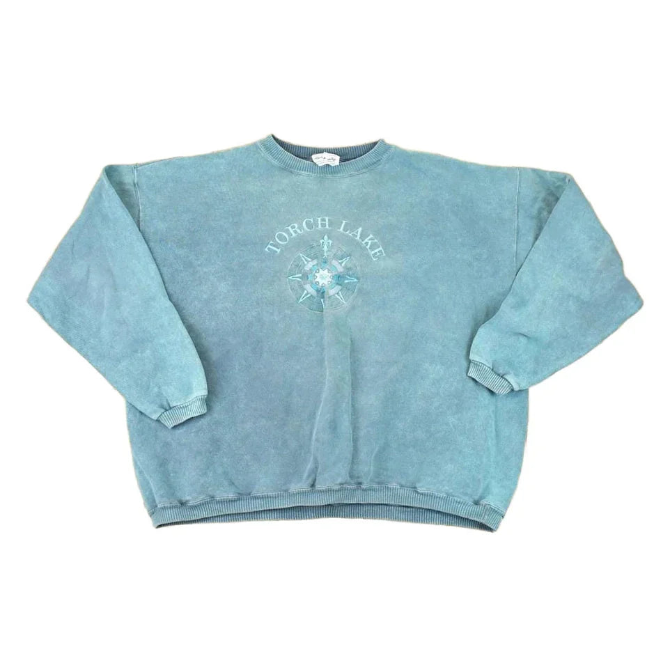 Vintage 1990s Torch Lake Embroidered Compass Crewneck Sweatshirt Men's XL from propervintagecanada