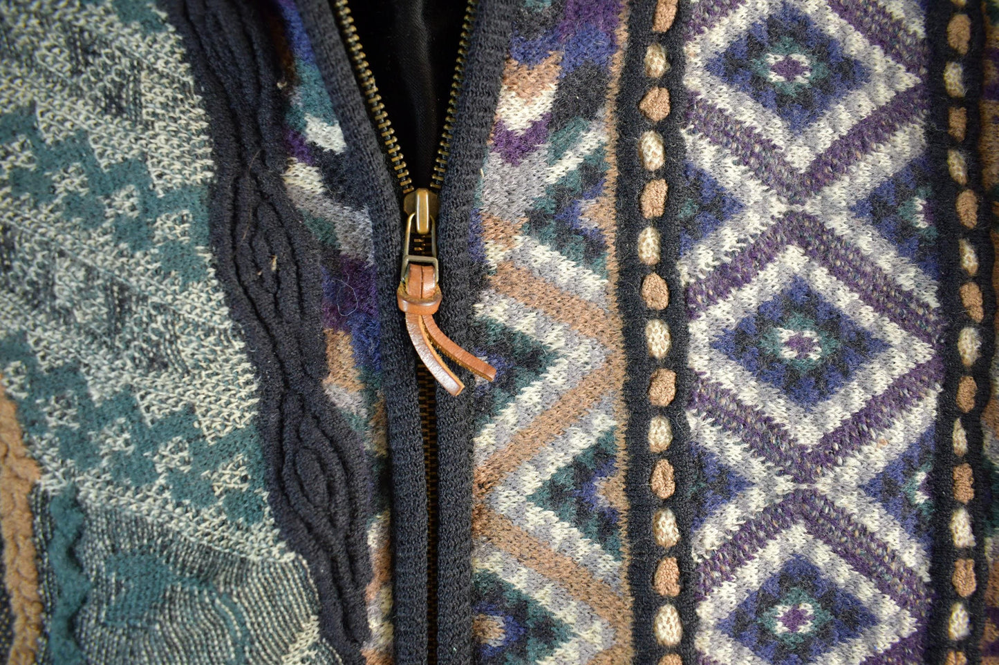 Vintage 1990s Tosani 3D Cable Knit Zip Up Sweater Jacket Men's XL from propervintagecanada