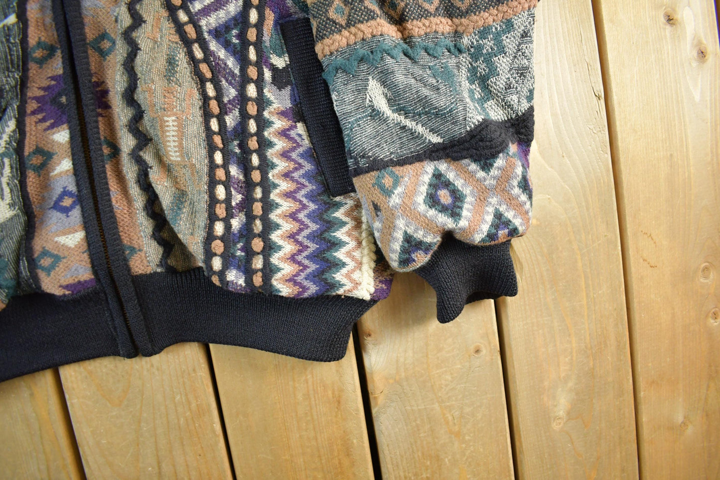 Vintage 1990s Tosani 3D Cable Knit Zip Up Sweater Jacket Men's XL from propervintagecanada