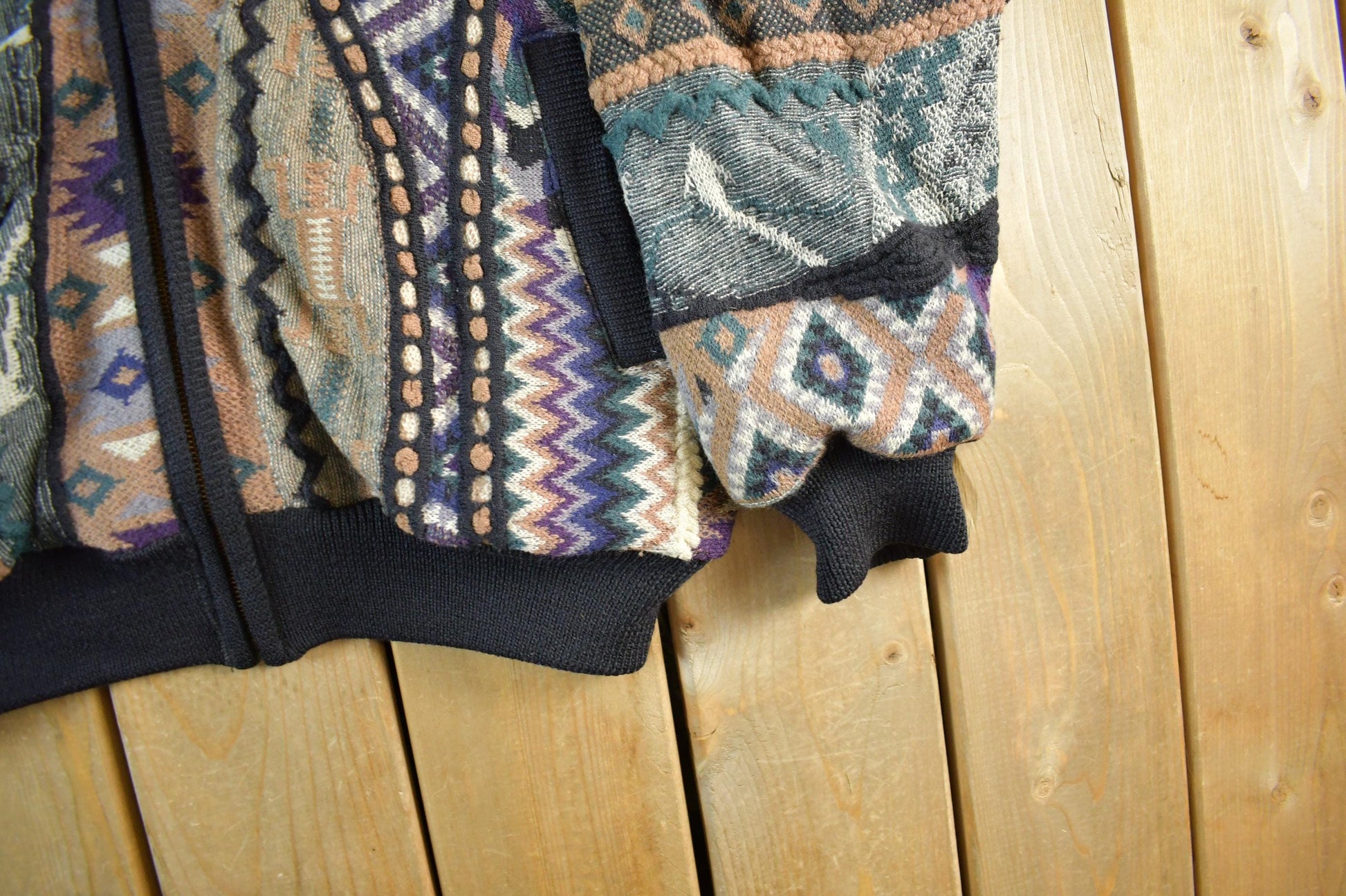 Vintage 1990s Tosani 3D Cable Knit Zip Up Sweater Jacket Men's XL from propervintagecanada