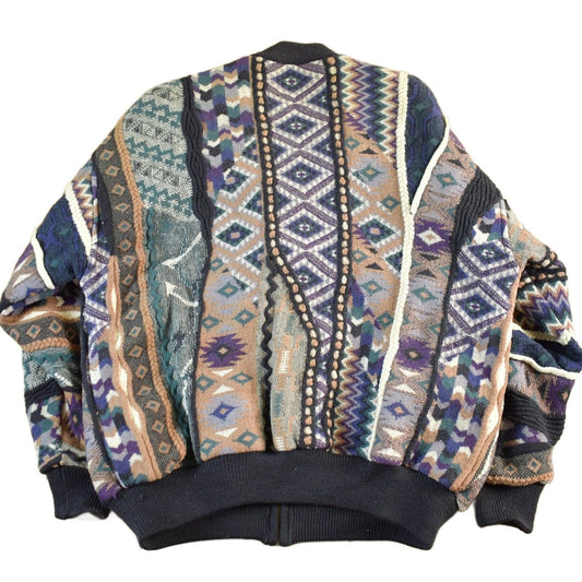 Vintage 1990s Tosani 3D Cable Knit Zip Up Sweater Jacket Men's XL from propervintagecanada