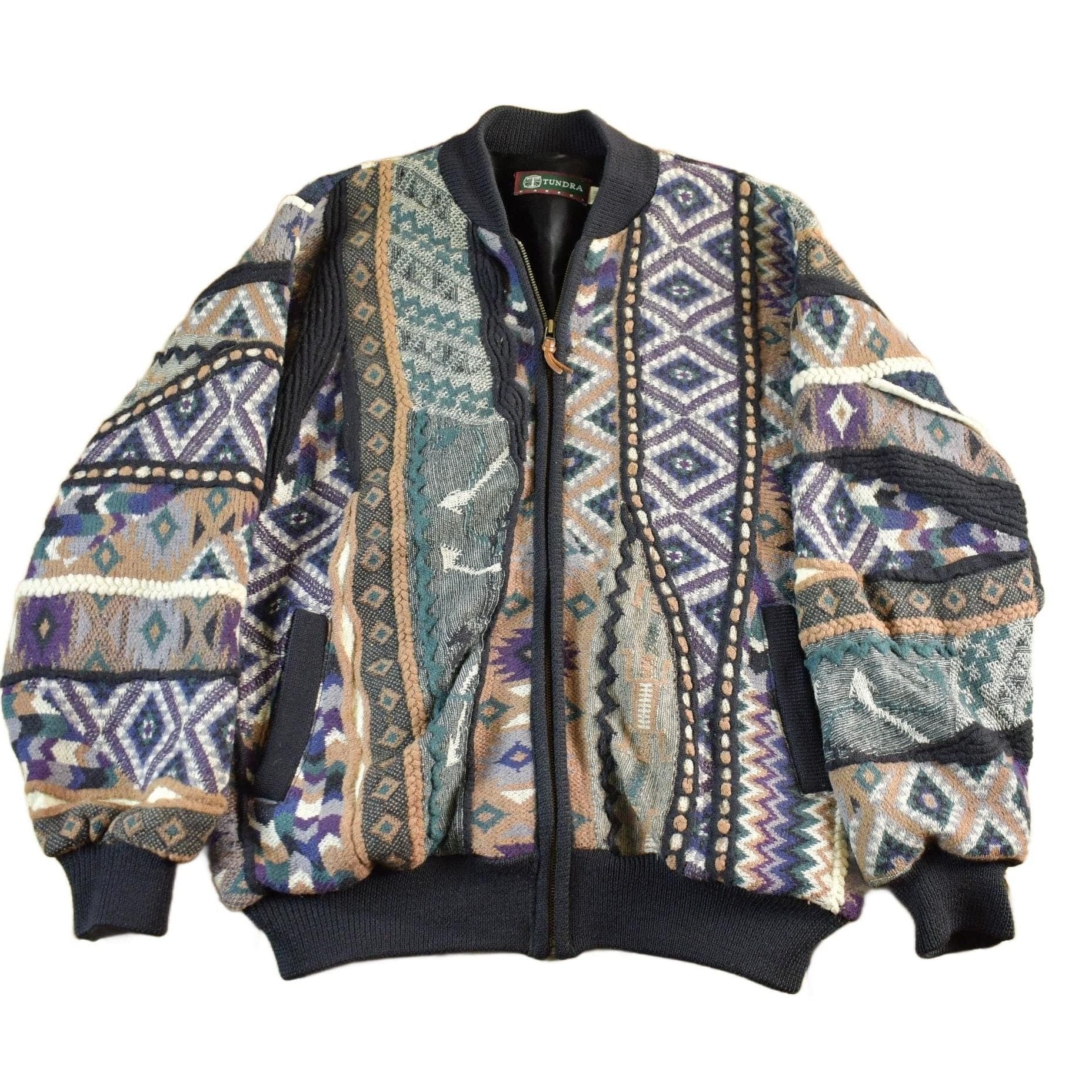 Vintage 1990s Tosani 3D Cable Knit Zip Up Sweater Jacket Men's XL from propervintagecanada