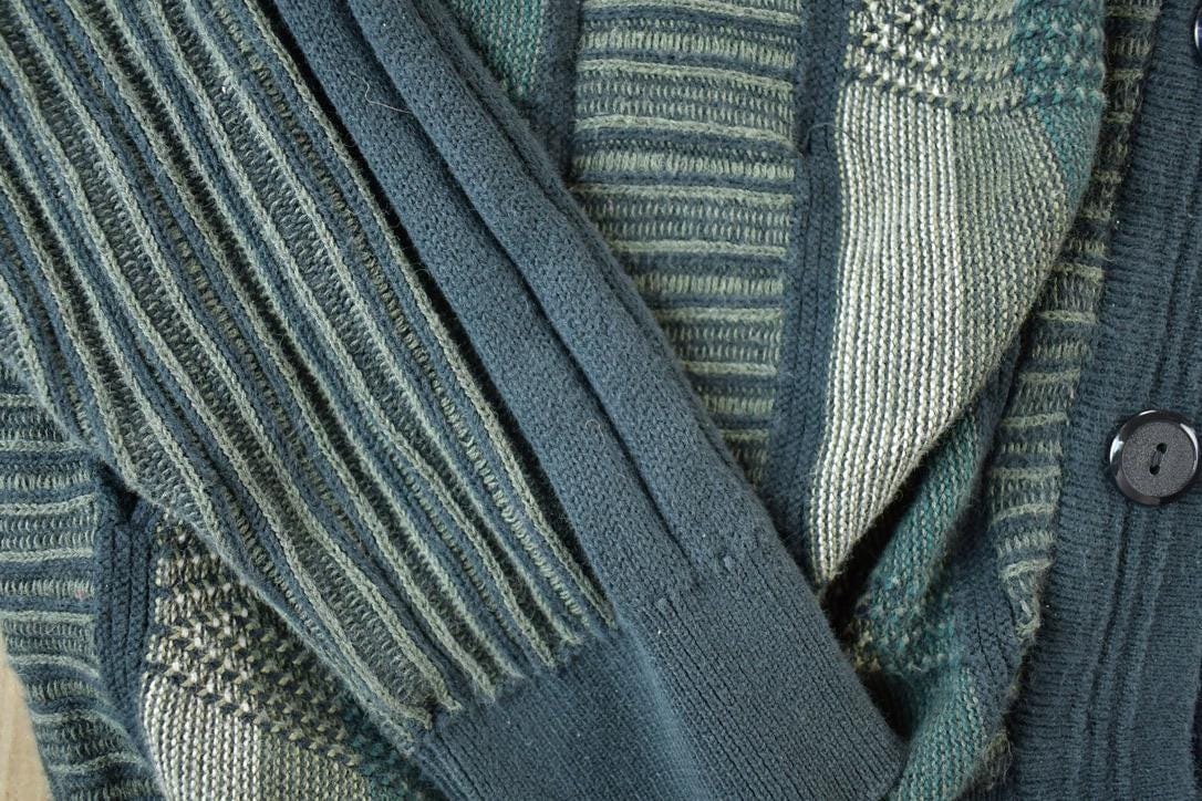 Vintage 1990s Tosani Cable Abstract Knit Perfect Mild Distress Cardigan Sweater Made In Canada from propervintagecanada