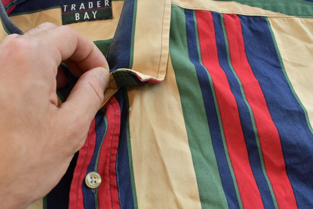 Vintage 1990s Trader Bay Striped Button Up Short Sleeve Shirt Mens XL from propervintagecanada