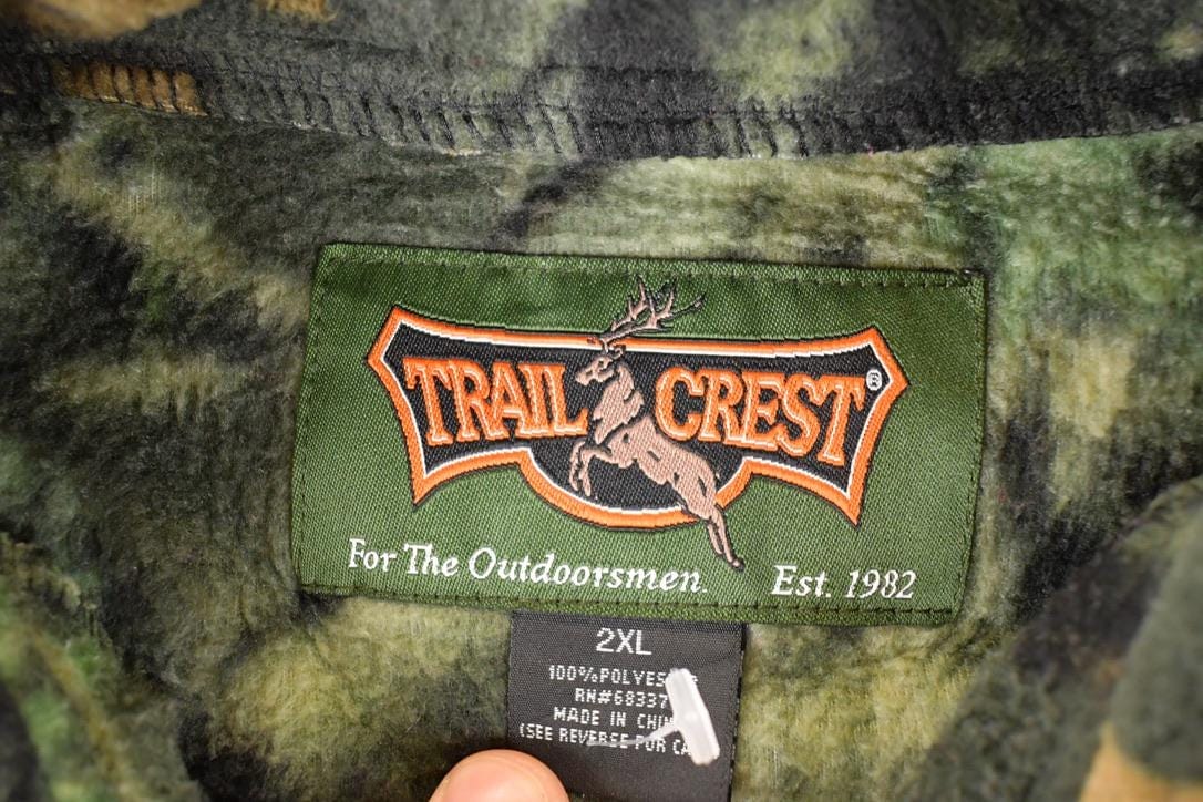 Vintage 1990s Trail Crest AOP Woodland Camo Quarter Zip Fleece Outdoorsman Sweater Men's XL from propervintagecanada