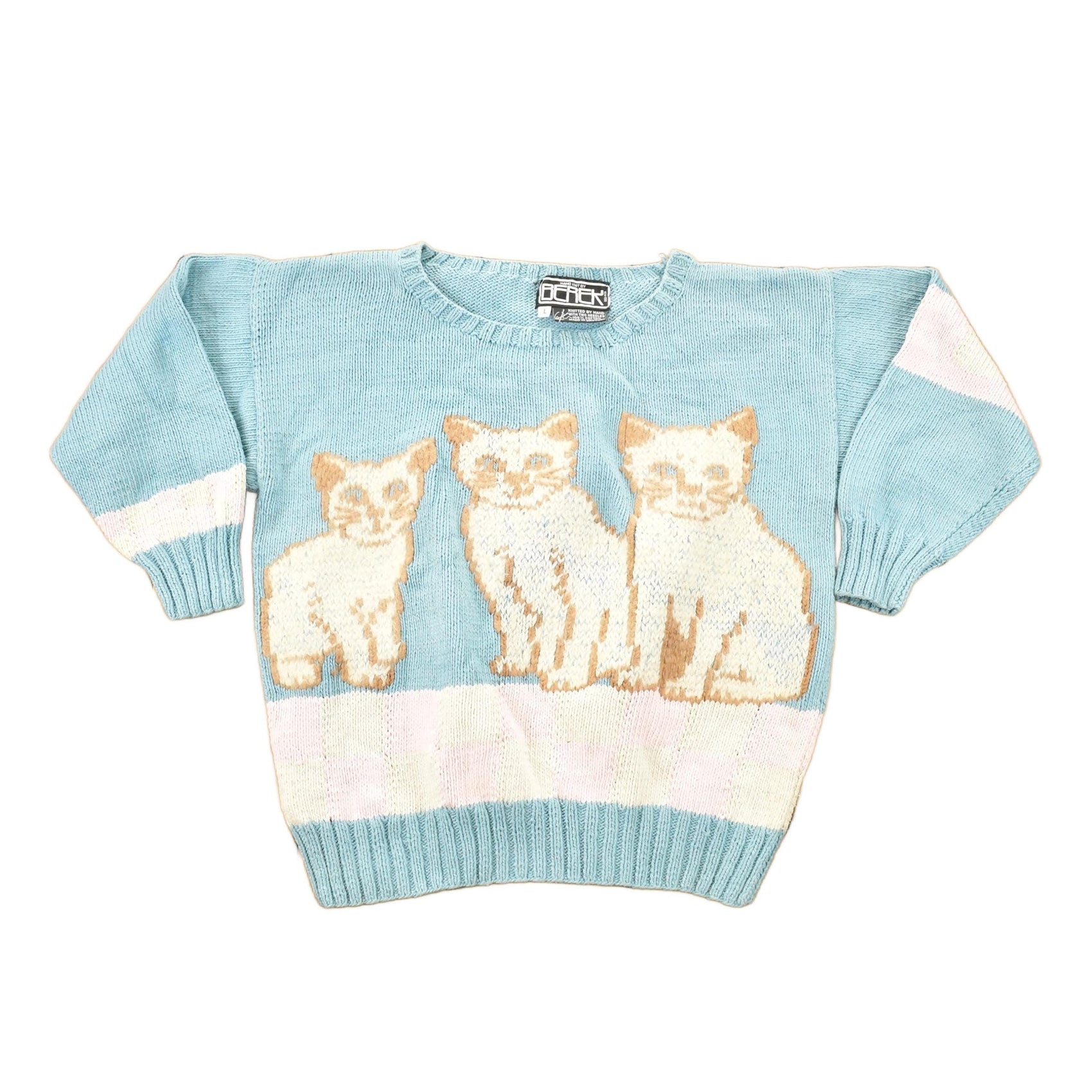 Vintage 1990s Triple Kitty Berek Hand Knit Crewneck Sweater Women's L from propervintagecanada