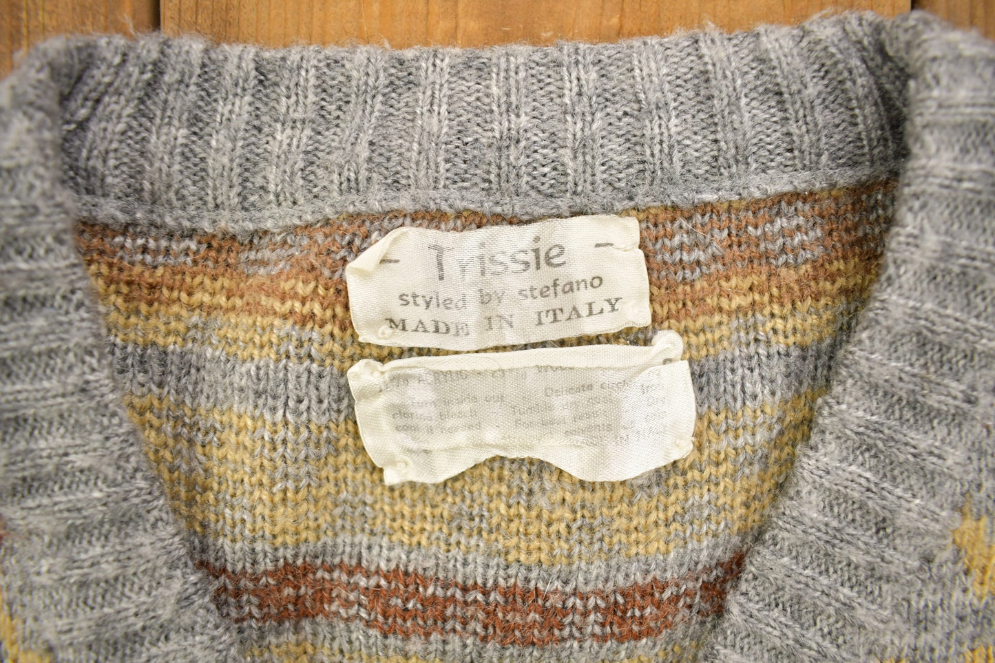 Vintage 1990s Trissie Styled By Stefano Striped Knit V Neck Sweater Men's Small from propervintagecanada