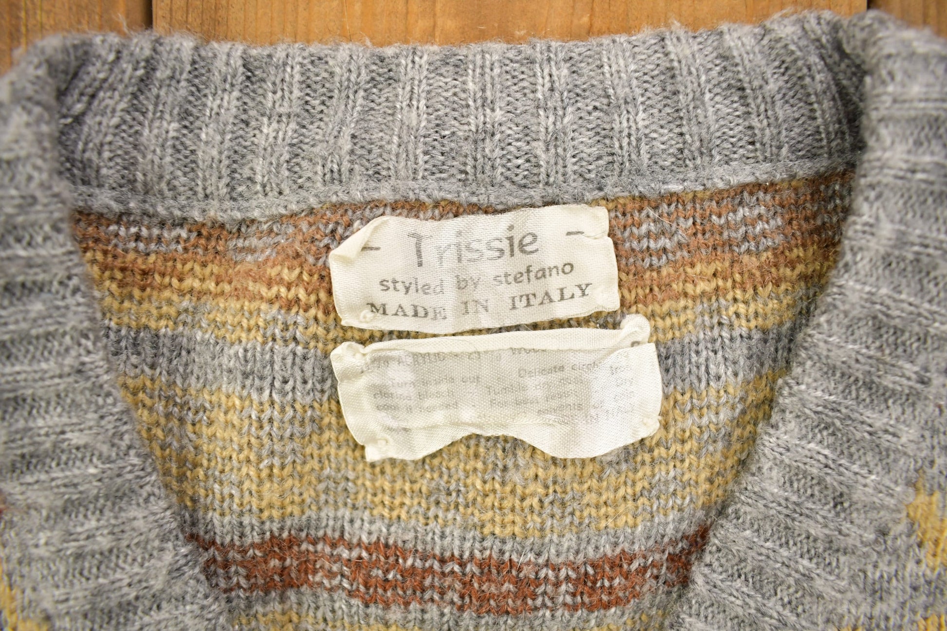 Vintage 1990s Trissie Styled By Stefano Striped Knit V Neck Sweater Men's Small from propervintagecanada