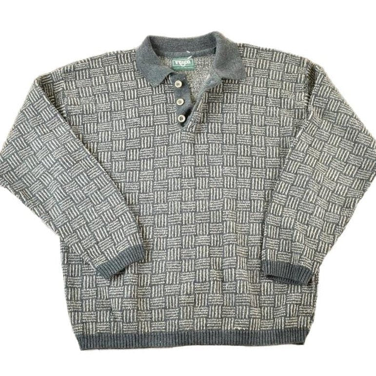 Vintage 1990s TT Quarter Button Knit Abstract Pattern Crewneck Sweater Men's Large from propervintagecanada