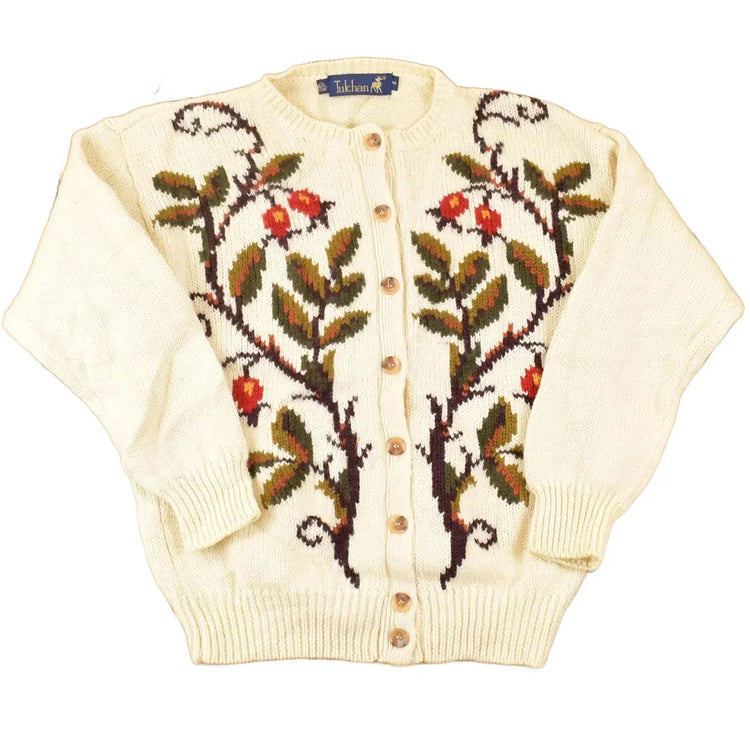 Vintage 1990s Tulchan Floral Abstract Wool Knit Cardigan Sweater Women's M from propervintagecanada