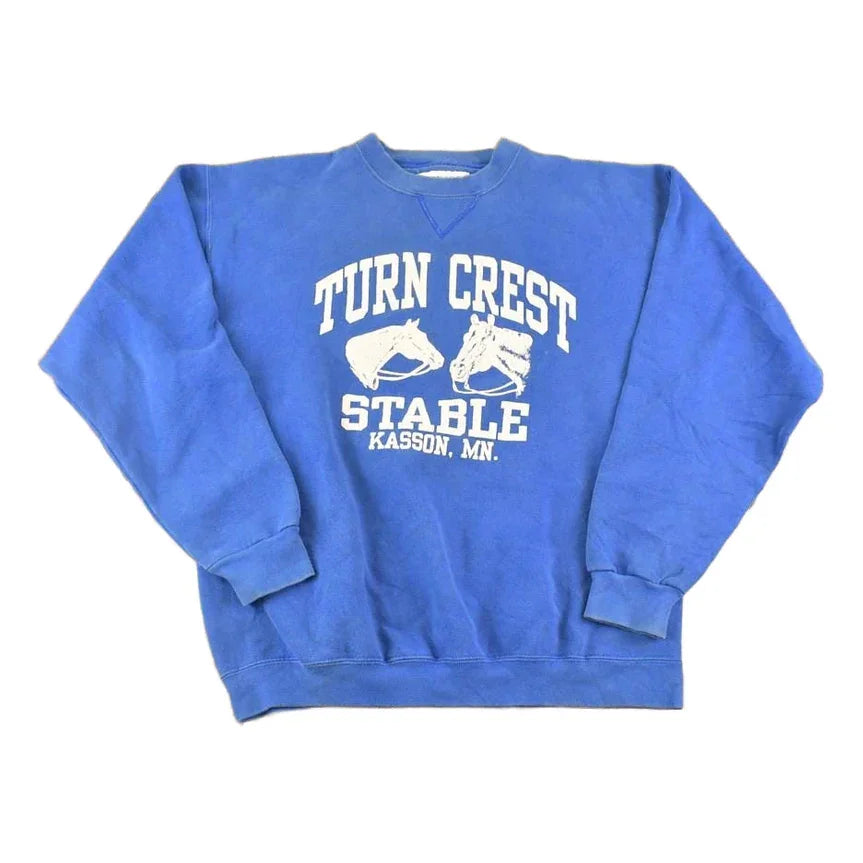 Vintage 1990s Turn Crest Stable Souvenir Horses Crewneck Sweatshirt Men's L / 90's Horse Vacation Graphic Heavyweight Sweater from propervintagecanada
