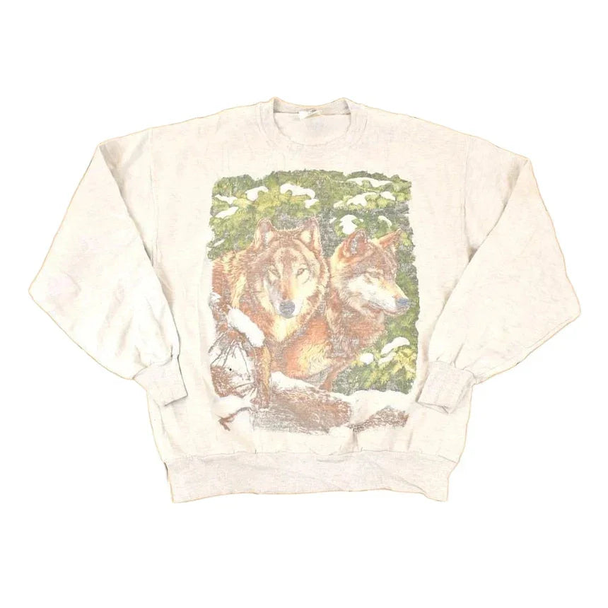 Vintage 1990s Two Wolves Cartoon Graphic Print Crewneck Sweatshirt Men's L from propervintagecanada